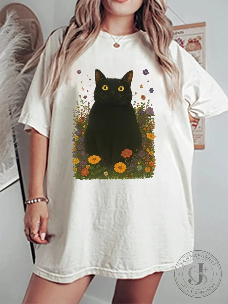 Vintage Black Cat in Flower Garden Graphic Oversized T-Shirt