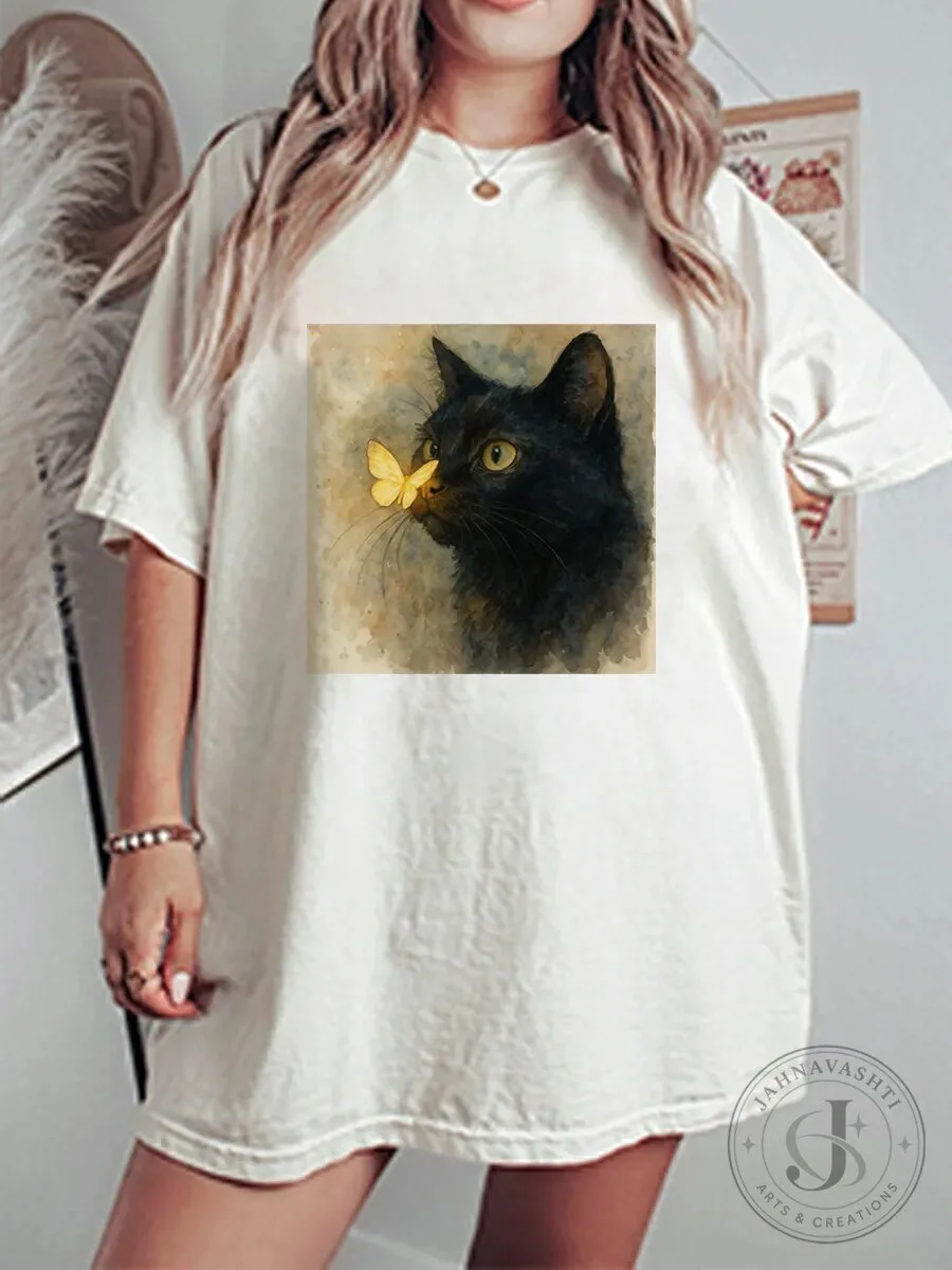 Vintage Black Cat Butterfly Nose Art Oversized T-Shirt