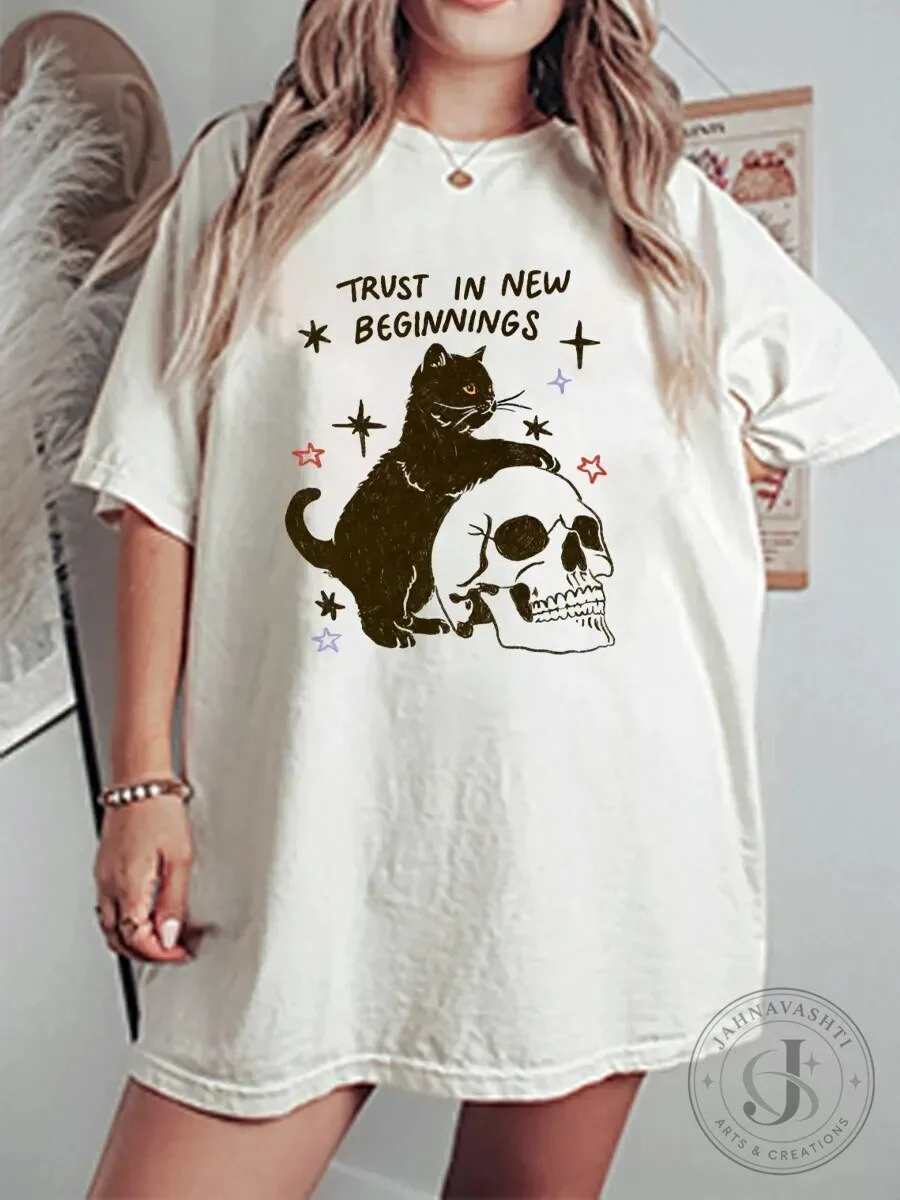 Trust In New Beginnings Black Cat Skull Graphic Oversized T-Shirt