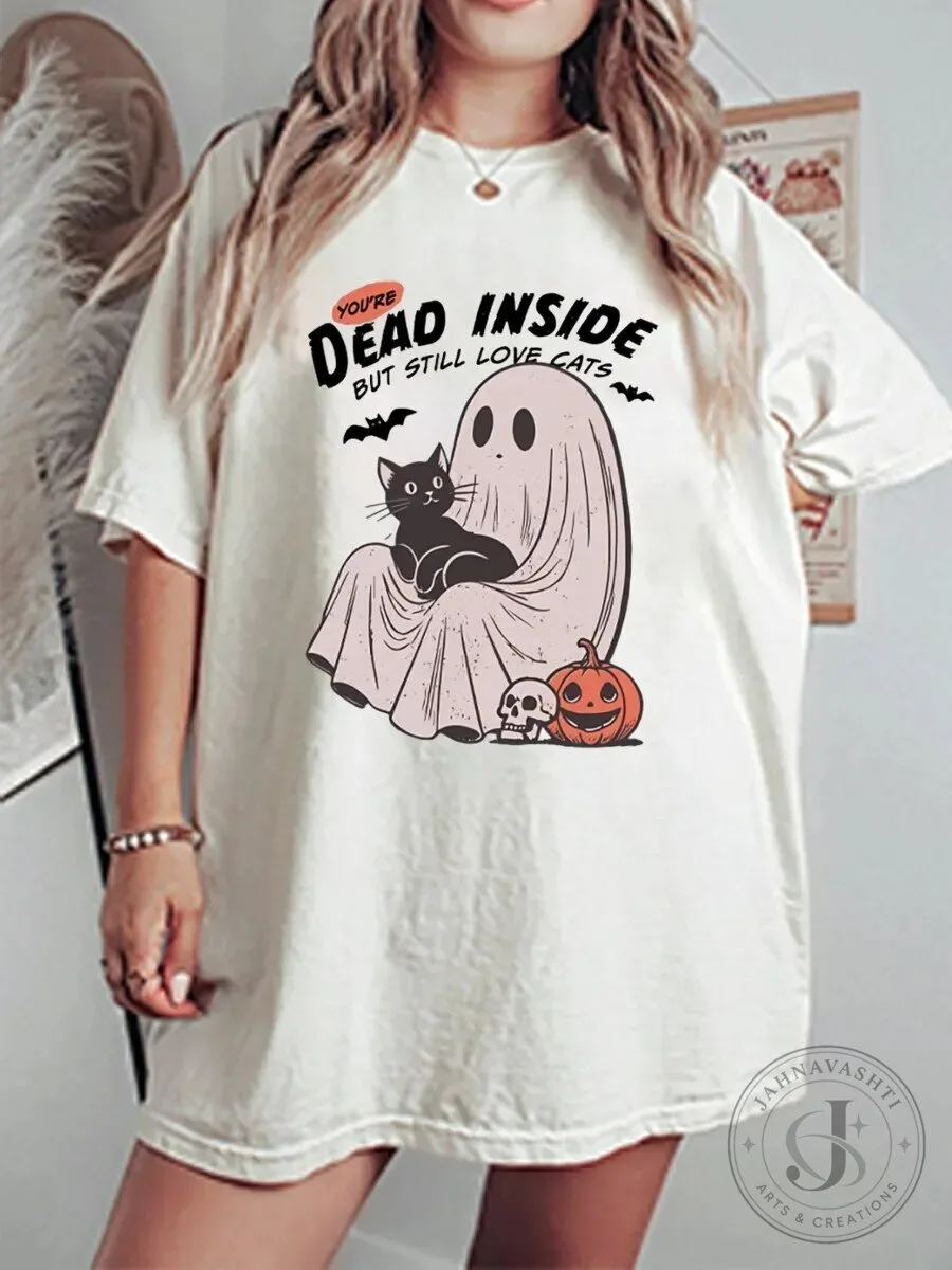 Dead Inside But Still Love Cats Halloween Ghost and Black Cat T-Shirt