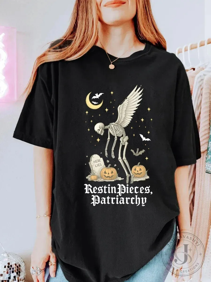 Rest in Pieces Patriarchy Skeleton Angel Halloween Graphic T-Shirt