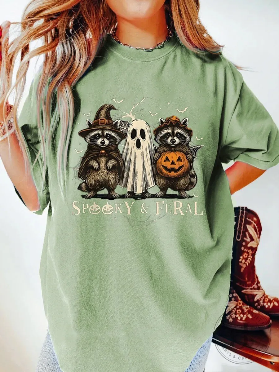 Spooky and Feral Raccoon Halloween Ghost Graphic Oversized T-Shirt