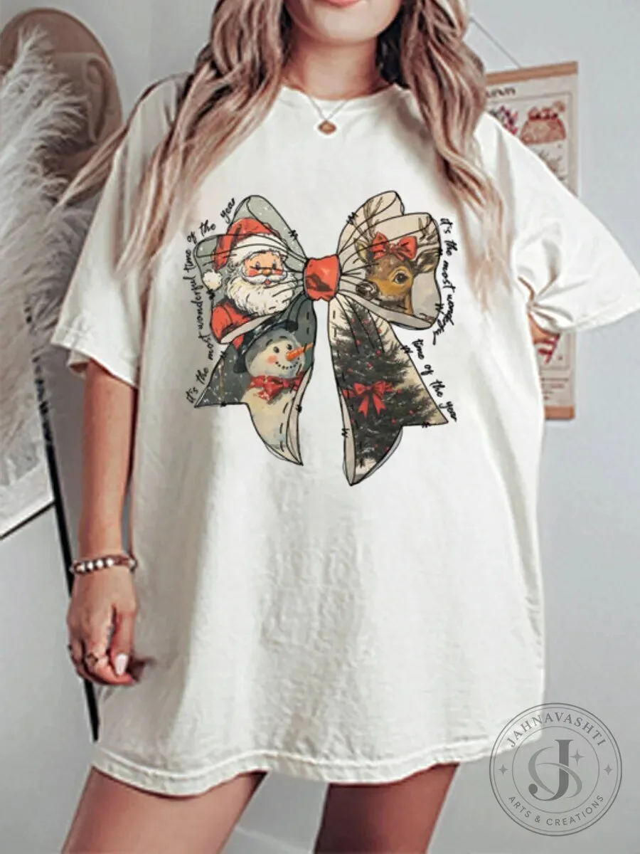 Vintage Christmas Bow Santa Claus Snowman Reindeer Tree Oversized Graphic T-Shirt