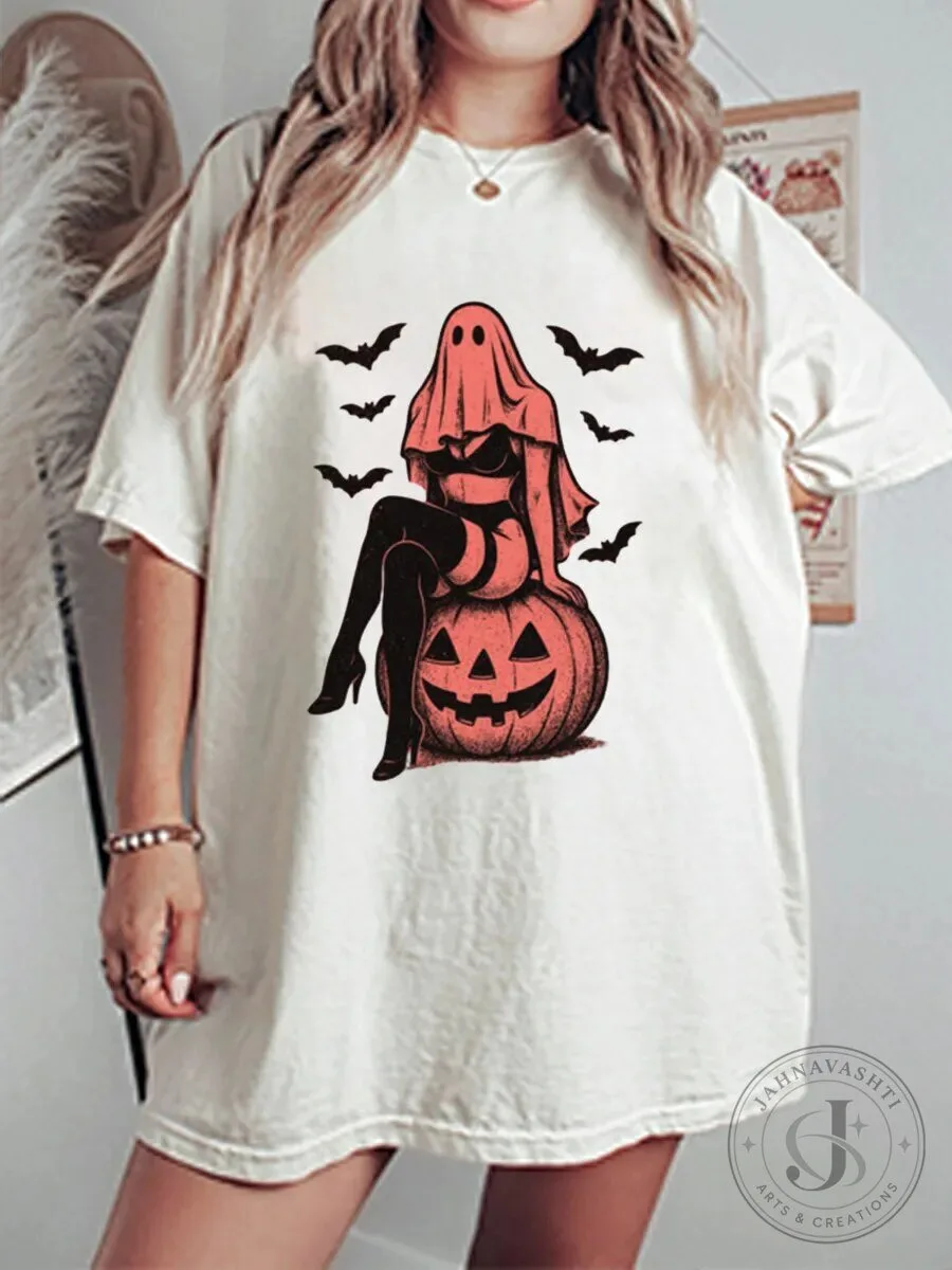Sexy Ghost Pinup Girl Sitting on Pumpkin Halloween Spooky Graphic T-Shirt