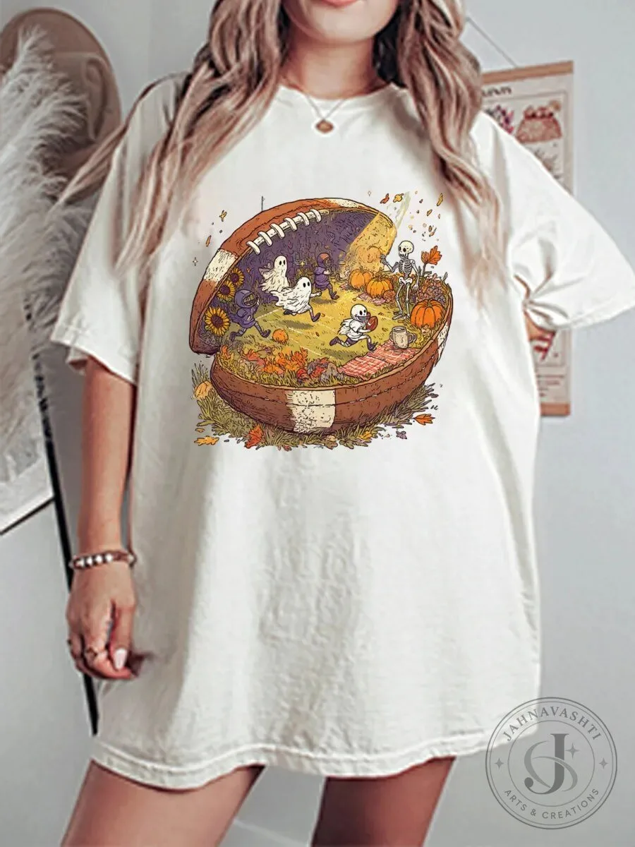 Vintage Halloween Football Game Ghost Pumpkin Autumn Fall Graphic T-Shirt