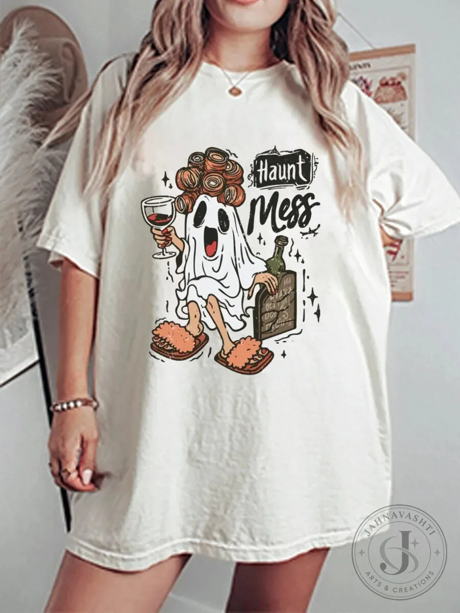 Vintage Haunt Mess Ghost with Wine Glass and Hair Rollers Graphic T-Shirt