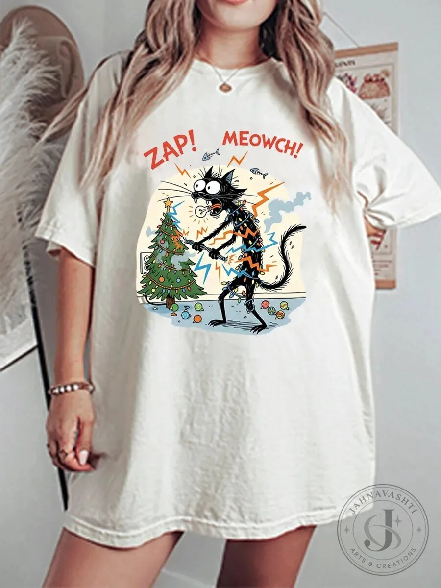Funny Christmas Cat Electrocuted by Tree Lights Holiday Graphic T-Shirt